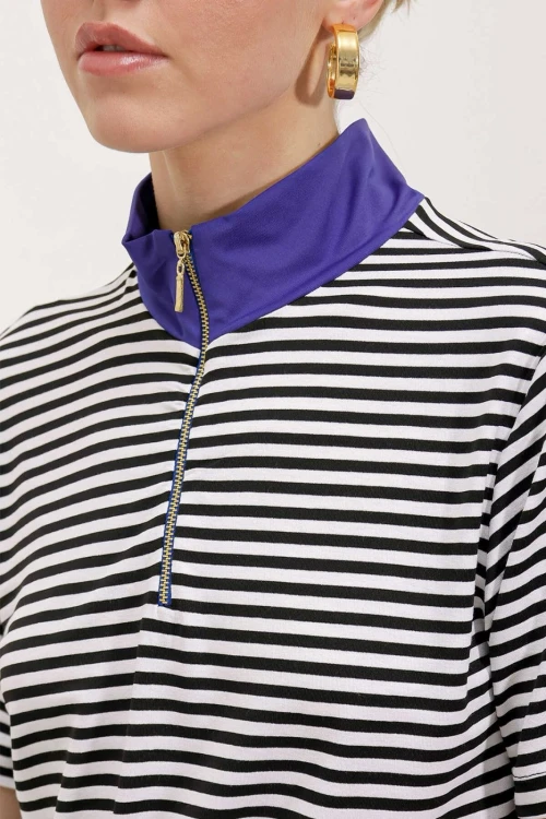 Kadın Saks Mavi Fermuarlı Polo Yaka Çizgili T-shirt HZL23S-BD104971