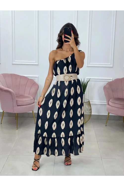 Kadın Siyah Baskılı Omuzdan Bağlamalı Astarsız Uzun Elbise HZL24S-DSB135911