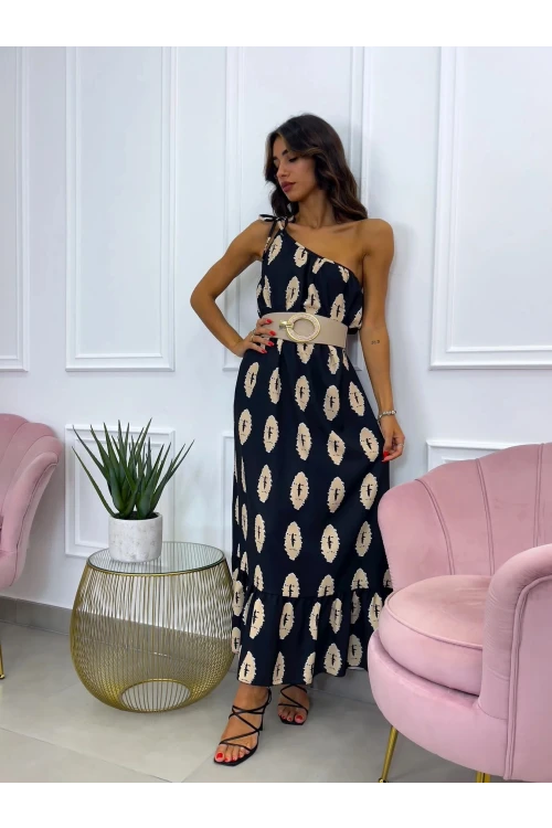 Kadın Siyah Baskılı Omuzdan Bağlamalı Astarsız Uzun Elbise HZL24S-DSB135911