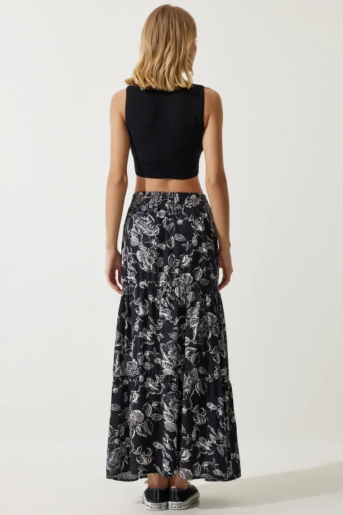 Kadın Siyah Çiçek Desenli Beli Lastikli Volanlı Uzun Viskon Etek HZL24S-BD180071