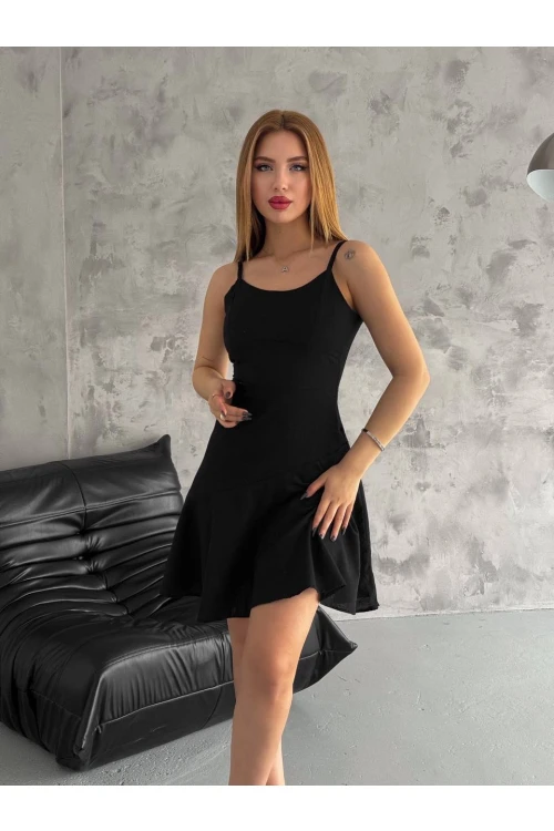 Kadın Siyah İnce Sabit  Askılı Eteği Fırfır Detaylı İthal Keten Mini Elbise HZL24S-FRY121851