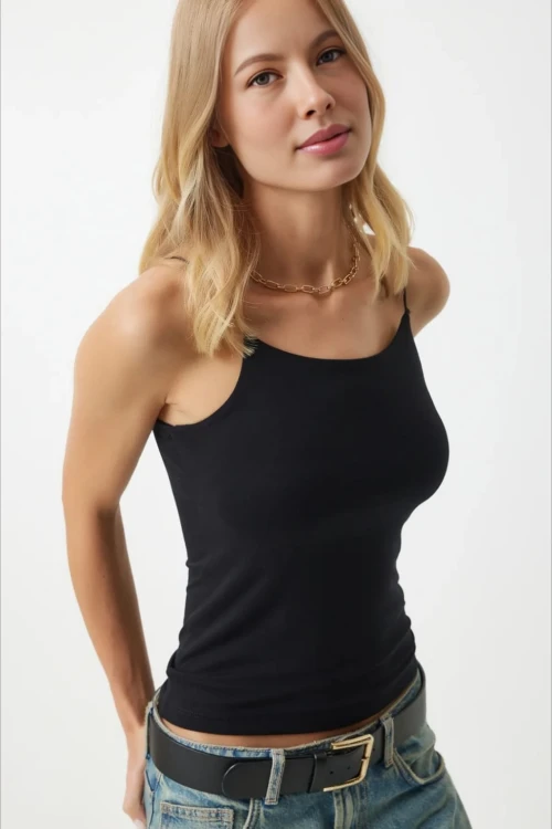 Kadın Siyah İp Askılı Örme Body Bluz HZL24S-ZK11001