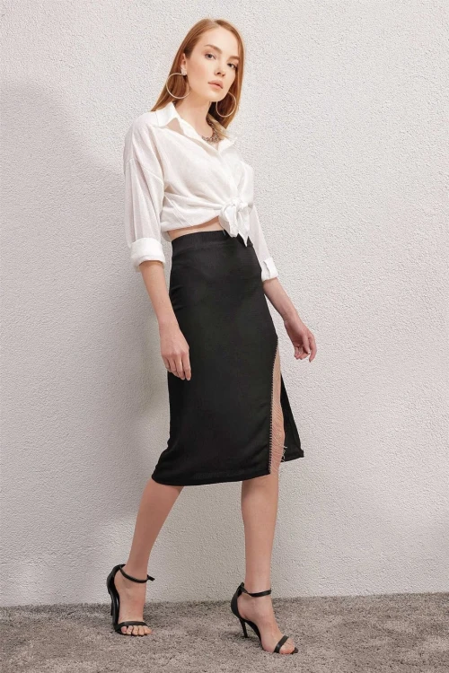 Kadın Siyah Yırtmaçlı Püskül Taşlı Beli Lastikli Uzun Etek HZL24S-BD118901