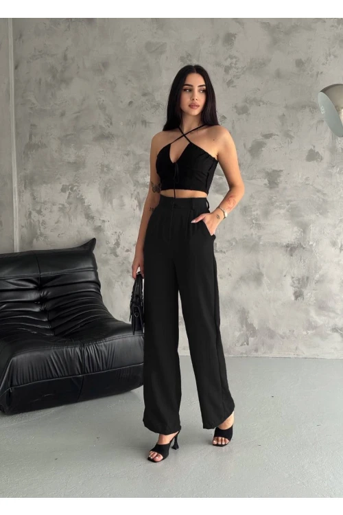 Kadın Siyah Yüksek Bel Bol Paça Cepli İthal Keten Pantolon HZL24S-FRY121821