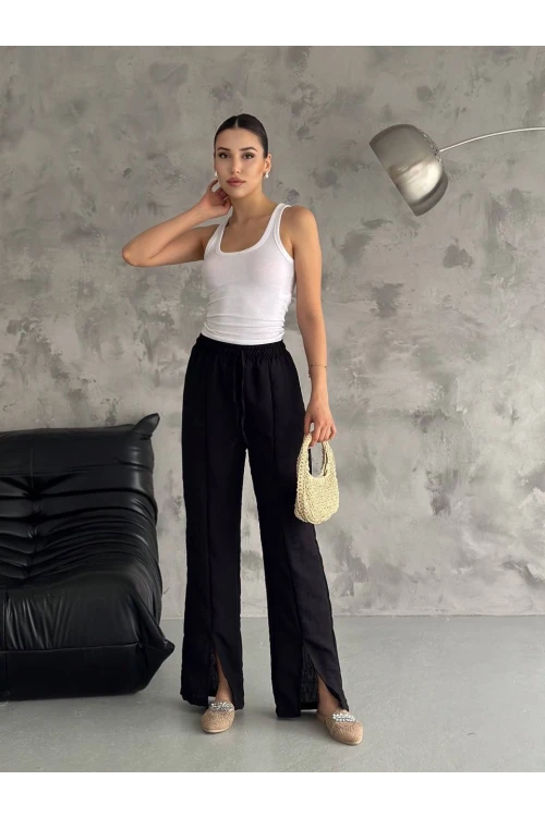 Kadın Siyah Lastikli Bel Yırtmaç Detaylı Cepsiz İthal Keten Astarsız Pantolon HZL24S-FRY121941