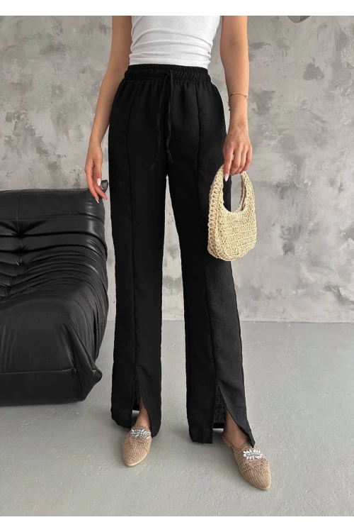 Kadın Siyah Lastikli Bel Yırtmaç Detaylı Cepsiz İthal Keten Astarsız Pantolon HZL24S-FRY121941
