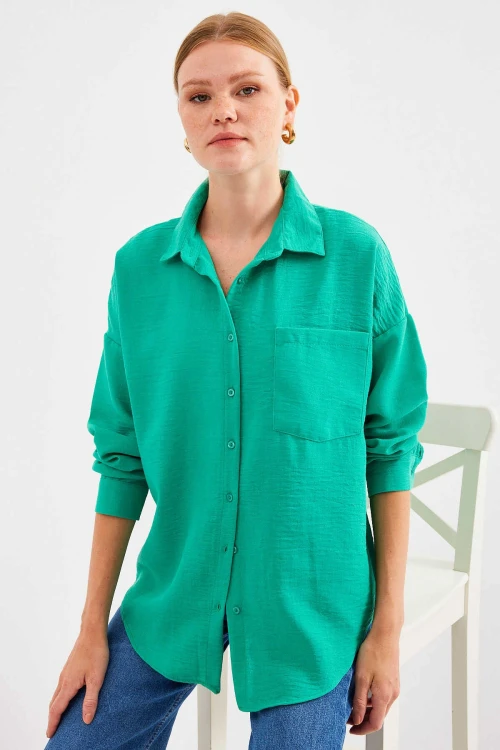 Kadın Su Yeşil Tek Cepli Oversize Keten Ayrobin Gömlek HZL24S-BD1201531