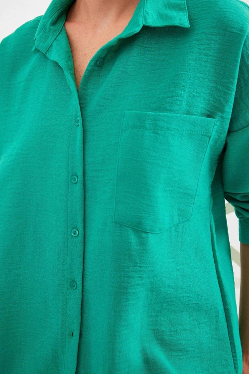 Kadın Su Yeşil Tek Cepli Oversize Keten Ayrobin Gömlek HZL24S-BD1201531