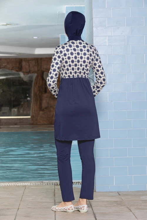 Kadın Tesettür Lacivert Krem Desenli Uzun Kollu  Tam Kapalı Pantolonlu Elbise Mayo HZL24S-AR1271-180