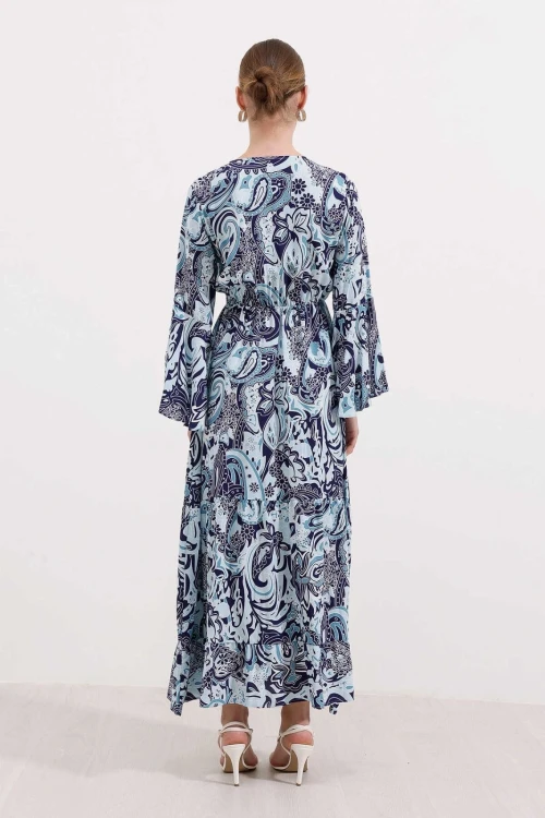 Kadın Turkuaz Desenli İspanyol Kol Beli Lastikli Uzun Yazlık Viskon Elbise HZL24S-BD124541