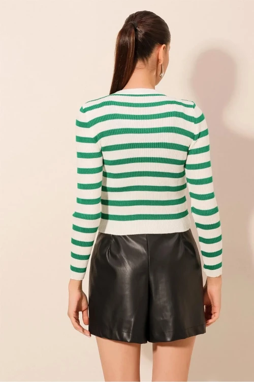 Kadın Yeşil Çizgili Bisiklet Yaka Triko Kazak HZL24W-BD1101331