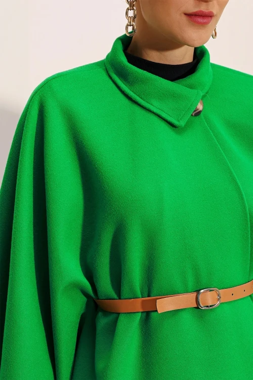 Kadın Yeşil Hakim Yaka Kemer Detaylı Kaşe Panço  HZL24W-BD191341