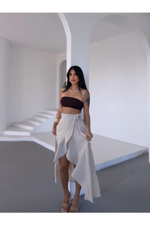 Kadım Bej Belden Bağlamalı Asimetrik Müslin Etek HZL25S-DSB117801