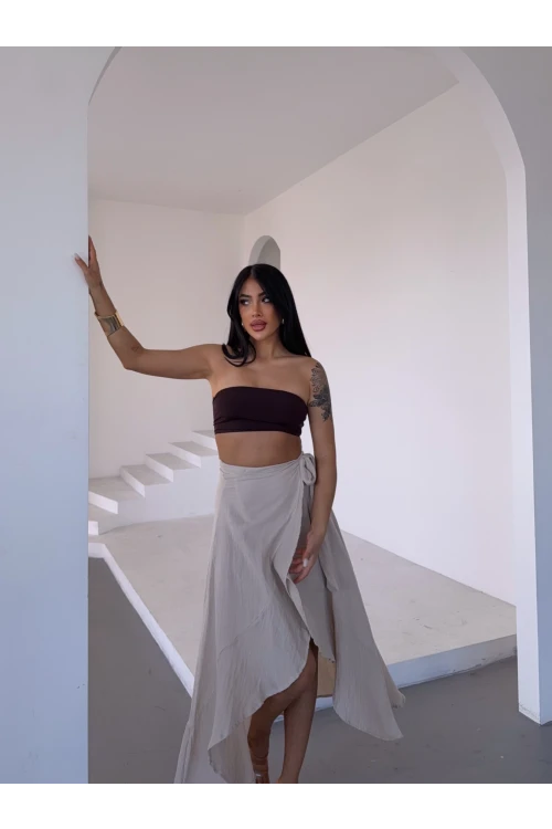 Kadım Bej Belden Bağlamalı Asimetrik Müslin Etek HZL25S-DSB117801