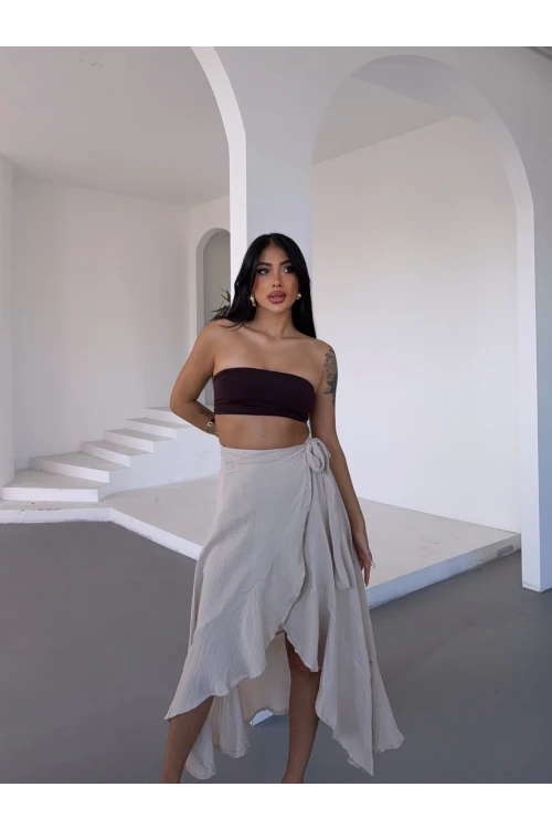 Kadım Bej Belden Bağlamalı Asimetrik Müslin Etek HZL25S-DSB117801