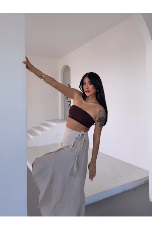 Kadım Bej Belden Bağlamalı Asimetrik Müslin Etek HZL25S-DSB117801