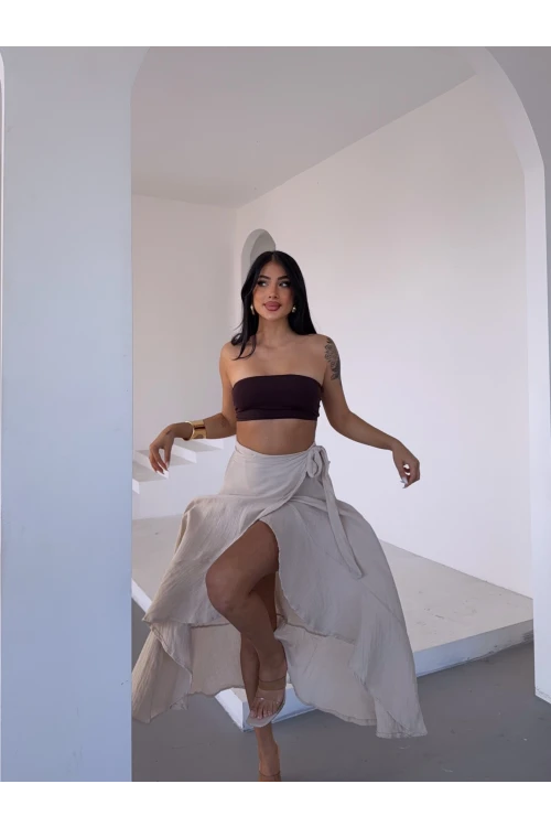 Kadım Bej Belden Bağlamalı Asimetrik Müslin Etek HZL25S-DSB117801