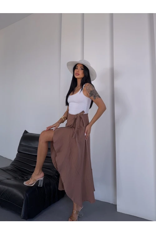 Kadım Camel Belden Bağlamalı Asimetrik Müslin Etek HZL25S-DSB117801