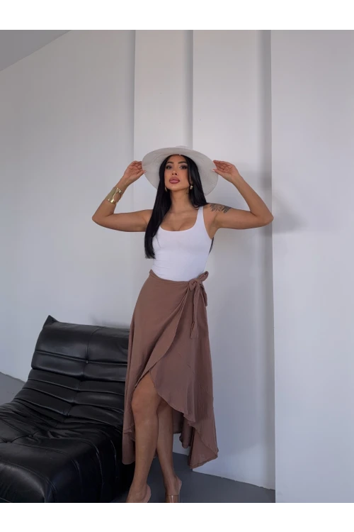 Kadım Camel Belden Bağlamalı Asimetrik Müslin Etek HZL25S-DSB117801