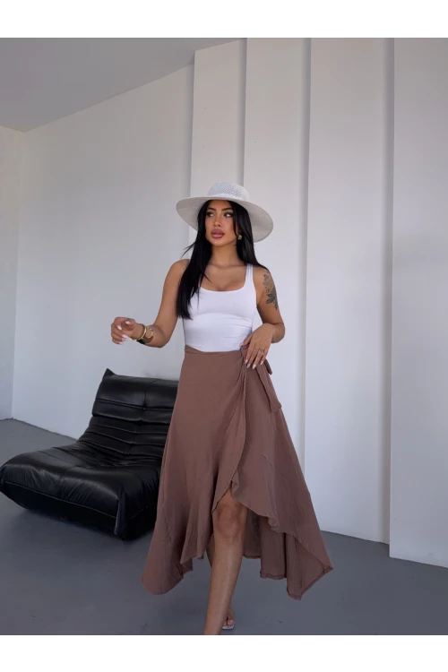 Kadım Camel Belden Bağlamalı Asimetrik Müslin Etek HZL25S-DSB117801
