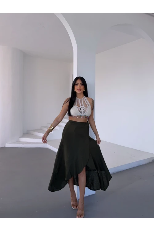 Kadım Haki Belden Bağlamalı Asimetrik Müslin Etek HZL25S-DSB117801