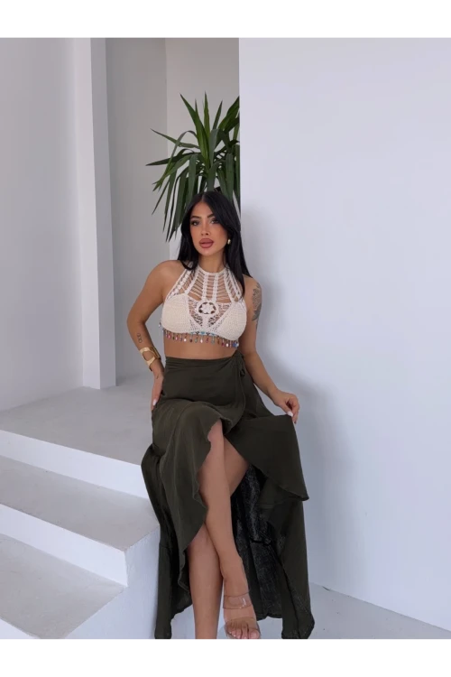 Kadım Haki Belden Bağlamalı Asimetrik Müslin Etek HZL25S-DSB117801