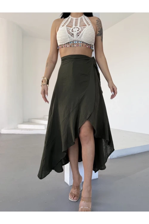 Kadım Haki Belden Bağlamalı Asimetrik Müslin Etek HZL25S-DSB117801