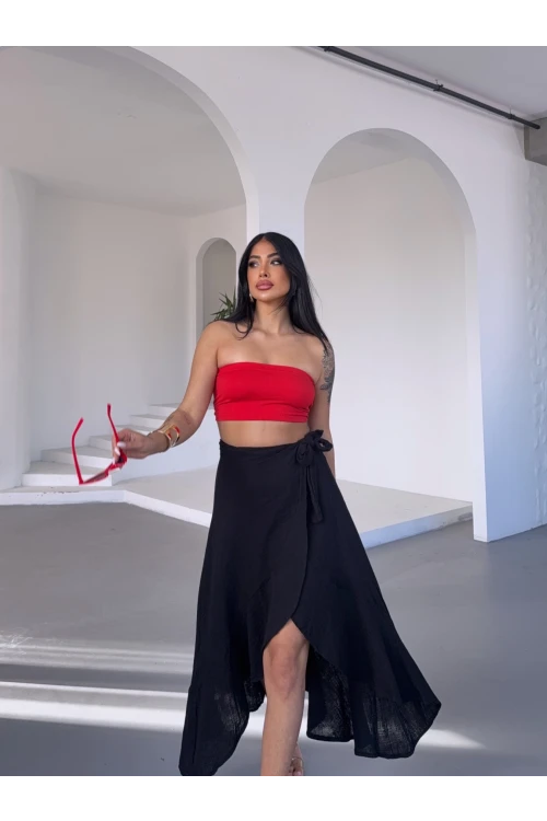 Kadım Siyah Belden Bağlamalı Asimetrik Müslin Etek HZL25S-DSB117801