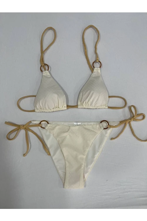 Kadın Açık Krem Halka Detaylı İp Bağlamalı Astarlı Bikini Takım HZL25S-AR1617