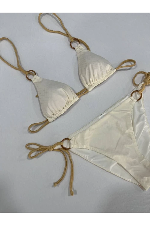 Kadın Açık Krem Halka Detaylı İp Bağlamalı Astarlı Bikini Takım HZL25S-AR1617