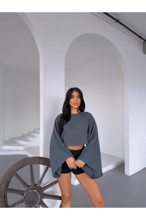 Kadın Antrasit Panço Model Müslin Bluz HZL25S-DSB16161