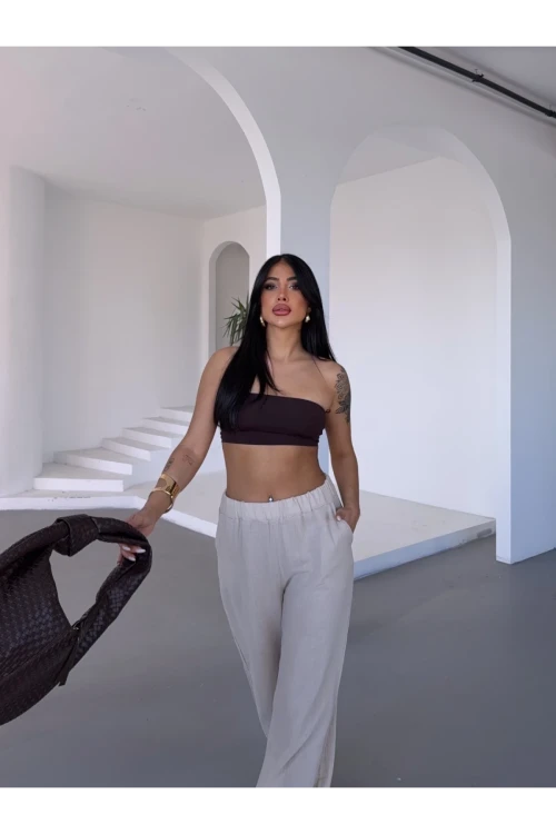 Kadın Bej Beli Lastikli Müslin Kumaş Bol Paça Pantolon HZL25S-DSB12221