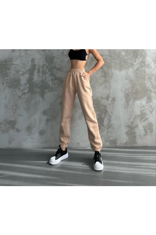 Kadın Bej Cepli Beli Paçası Lastikli 3 İplik Şardonlu Eşofman Altı HZL24W-ZK12321