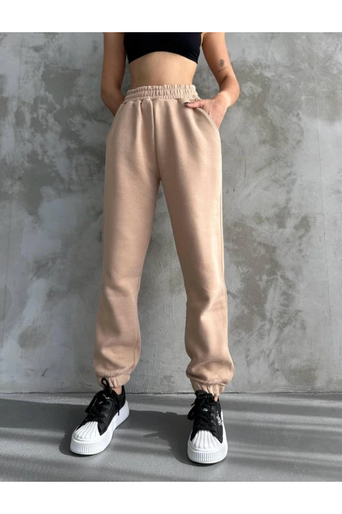 Kadın Bej Cepli Beli Paçası Lastikli 3 İplik Şardonlu Eşofman Altı HZL24W-ZK12321