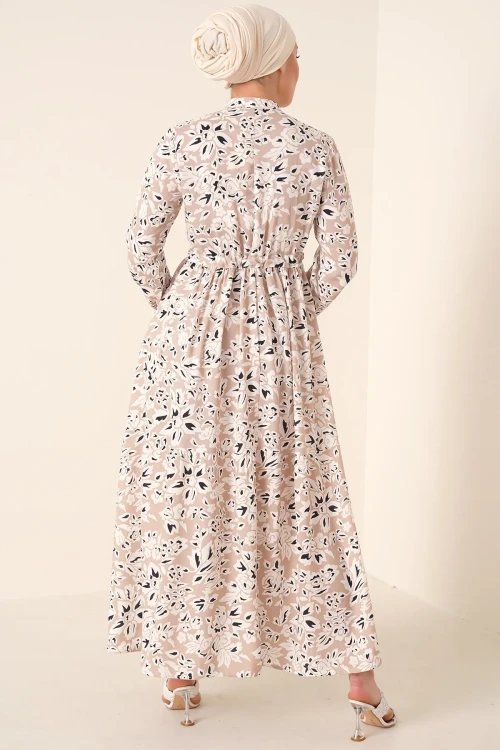 Kadın Bej Desenli Hakim Yaka Yazlık Uzun Elbise HZL25W-BD122971