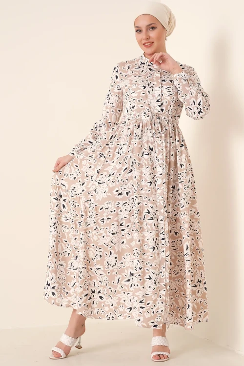 Kadın Bej Desenli Hakim Yaka Yazlık Uzun Elbise HZL25W-BD122971