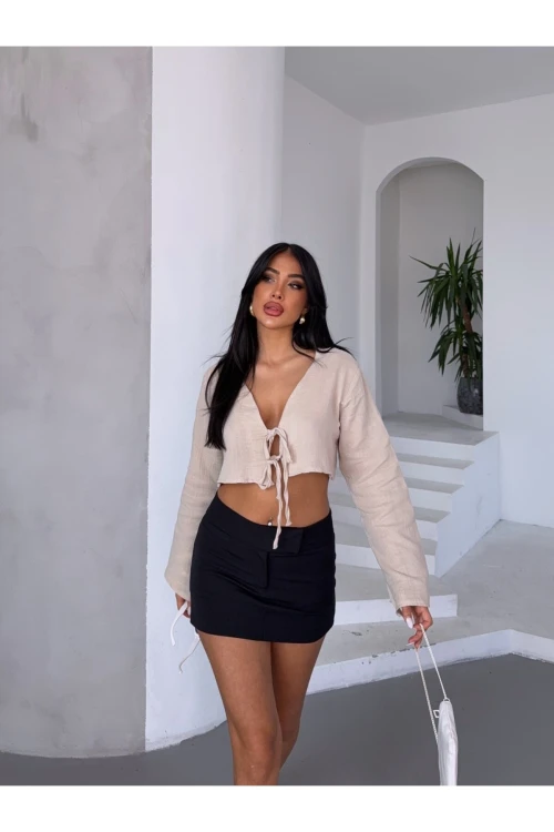 Kadın Bej Önden Bağlamalı Müslin Kumaş Crop Bluz  HZL25S-DSB104071