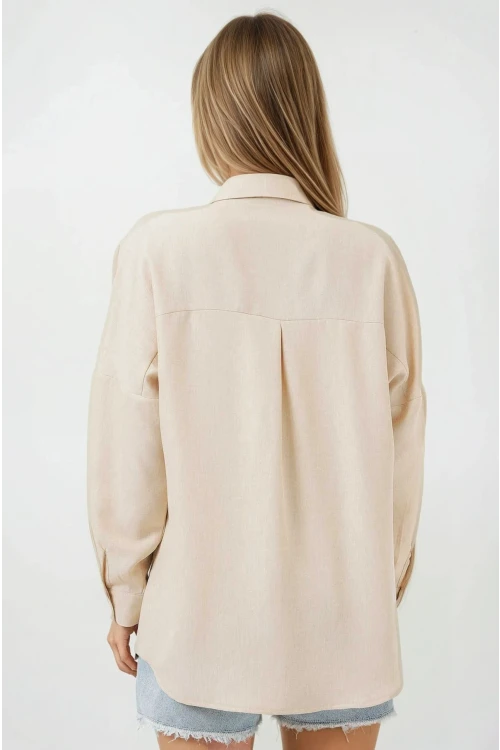 Kadın Bej Oversize Çift Cepli Keten Gömlek HZL22S-BD1201261