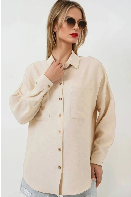 Kadın Bej Oversize Çift Cepli Keten Gömlek HZL22S-BD1201261