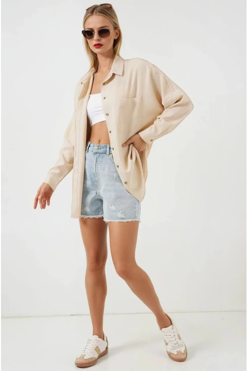 Kadın Bej Oversize Çift Cepli Keten Gömlek HZL22S-BD1201261