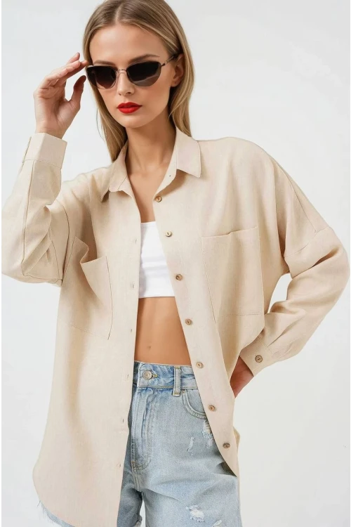 Kadın Bej Oversize Çift Cepli Keten Gömlek HZL22S-BD1201261