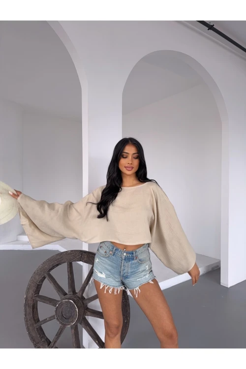 Kadın Bej Panço Model Müslin Bluz HZL25S-DSB16161