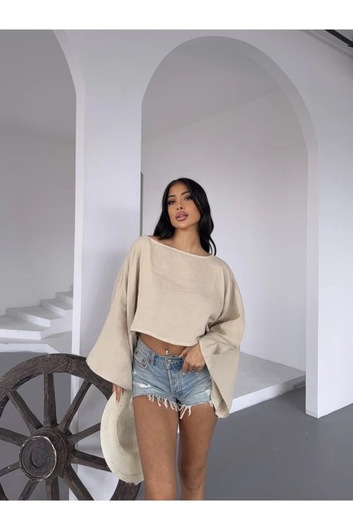 Kadın Bej Panço Model Müslin Bluz HZL25S-DSB16161
