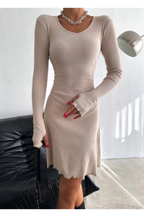 Kadın Bej V Yaka Yandan İp Bağlamalı Kaşkorse Elbise HZL24W-FRY121751