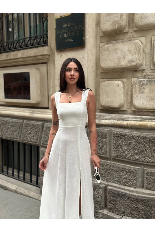 Kadın Beyaz Arkadan İp Bağlamalı Yırtmaç Detaylı Keten Elbise HZL25S-ZK11241