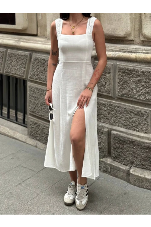 Kadın Beyaz Arkadan İp Bağlamalı Yırtmaç Detaylı Keten Elbise HZL25S-ZK11241