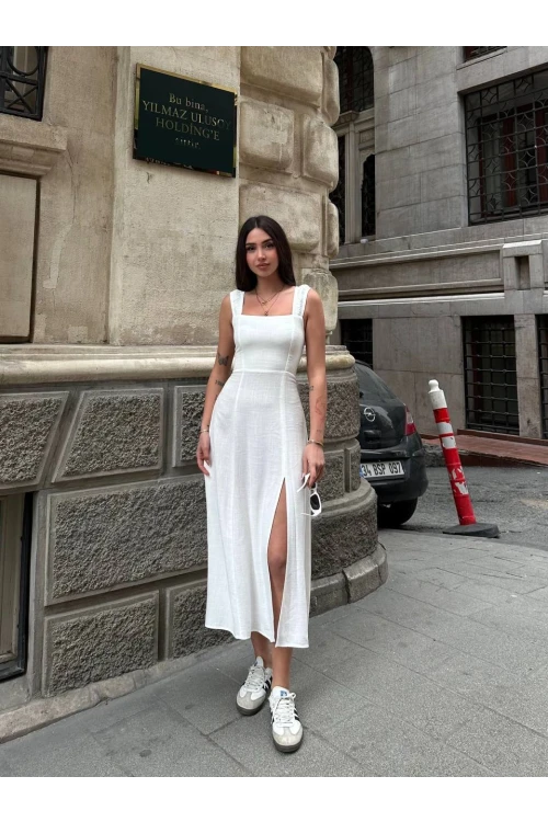 Kadın Beyaz Arkadan İp Bağlamalı Yırtmaç Detaylı Keten Elbise HZL25S-ZK11241