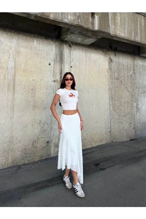 Kadın Beyaz Asimetrik Kesim Astarlı Dantel Etek HZL25S-ZK13571
