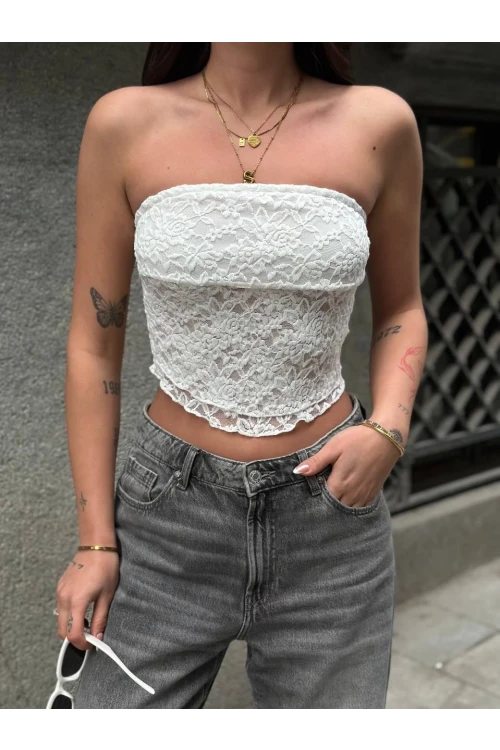 Kadın Beyaz Astarlı Dantel Straplez Bluz HZL25S-ZK11251