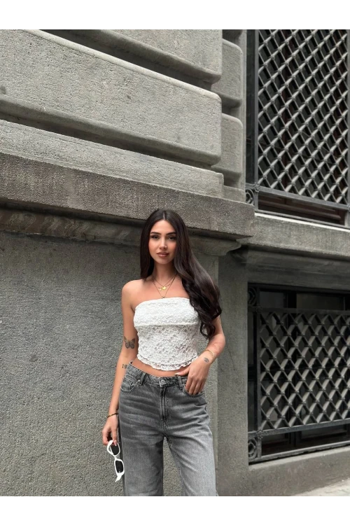 Kadın Beyaz Astarlı Dantel Straplez Bluz HZL25S-ZK11251